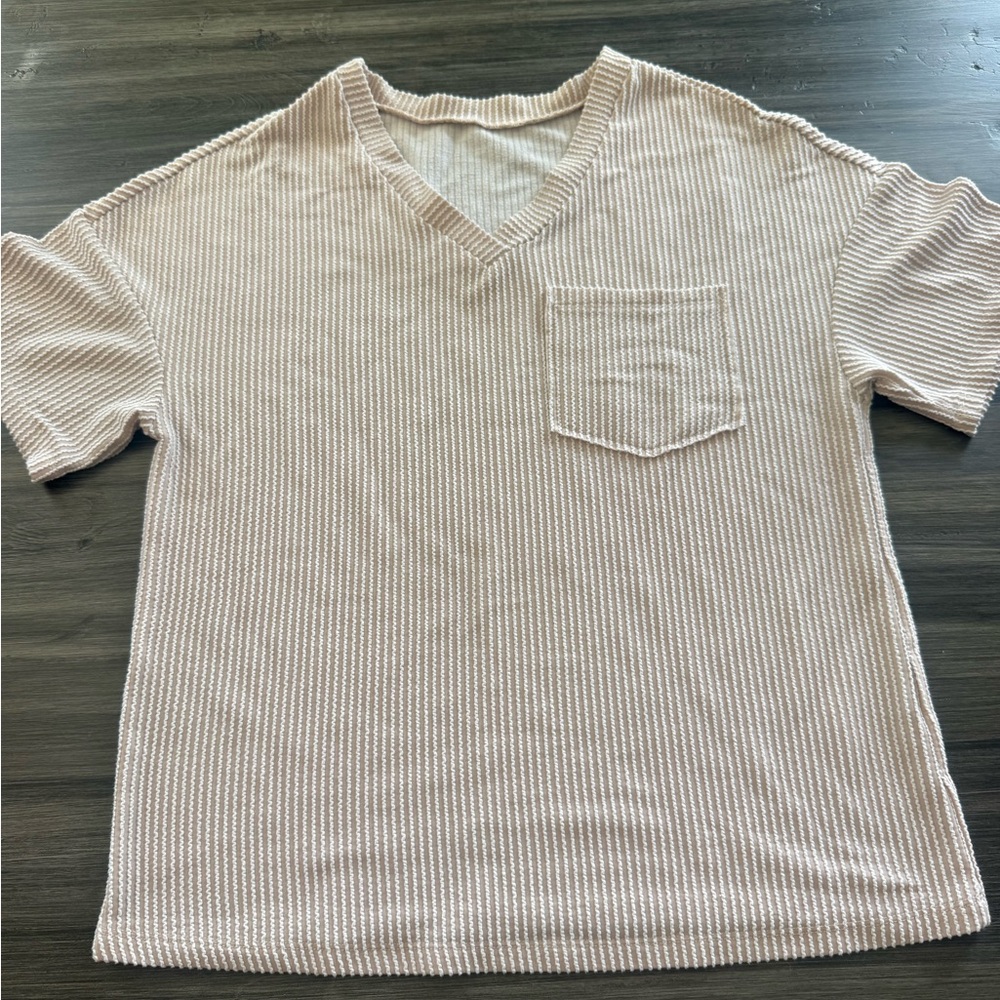 Beige V-Neck Ribbed Knit Top